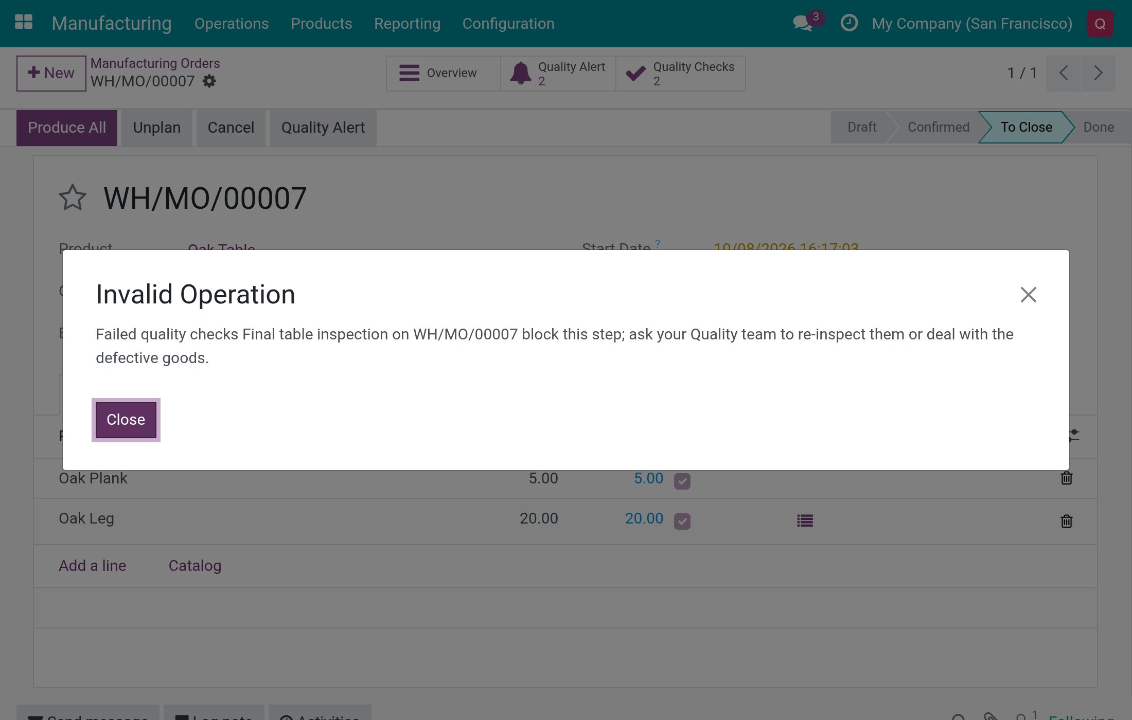 Message refusing to close the order because Final table inspection failed