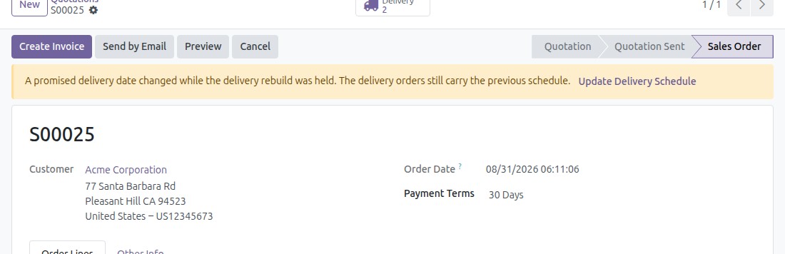 The delivery re-plan banner on a confirmed sales order, before Update Delivery Schedule is pressed