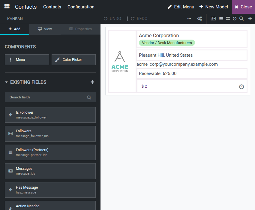 The kanban sample card on the canvas next to the Add tab's Components and Existing Fields sections