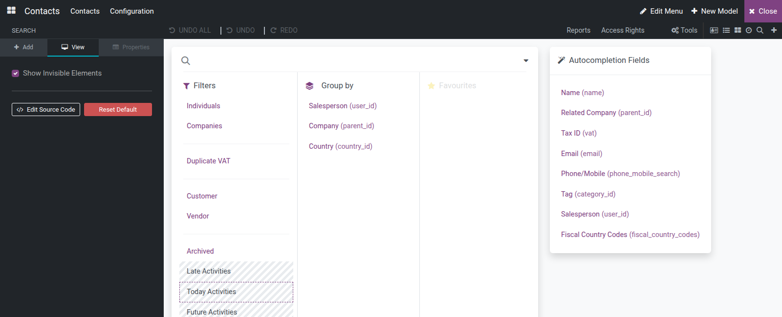 Hidden search filters shown with a striped placeholder pattern after enabling Show Invisible Elements