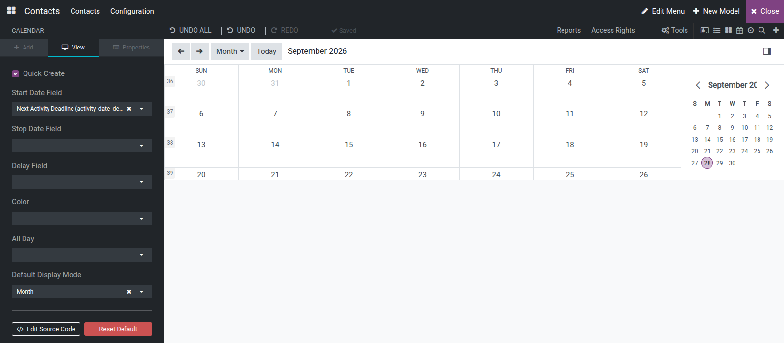 The Calendar view's View tab options next to the calendar canvas