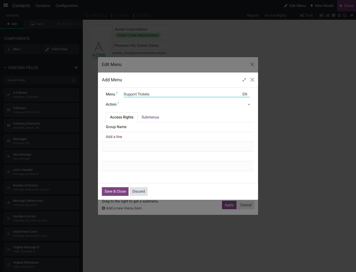 The Add Menu dialog with its Menu, Action, Access Rights and Submenus fields, and the Save & Close and Discard buttons