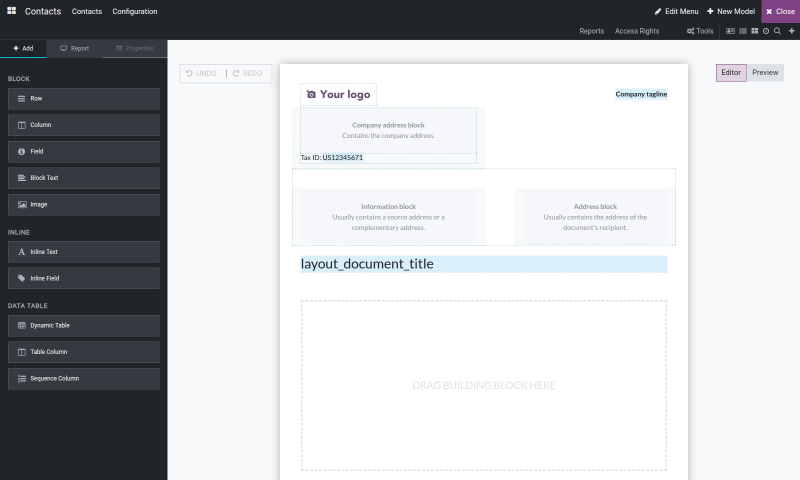 The report editor's split view, left palette next to the live preview canvas