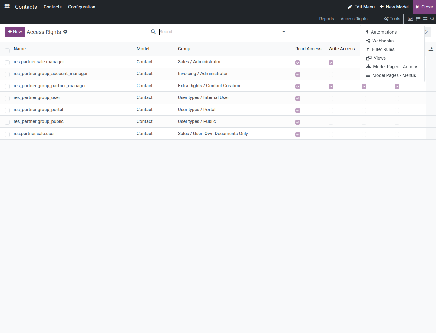 The Tools dropdown open, listing Automations, Webhooks, Filter Rules, Views and Model Pages