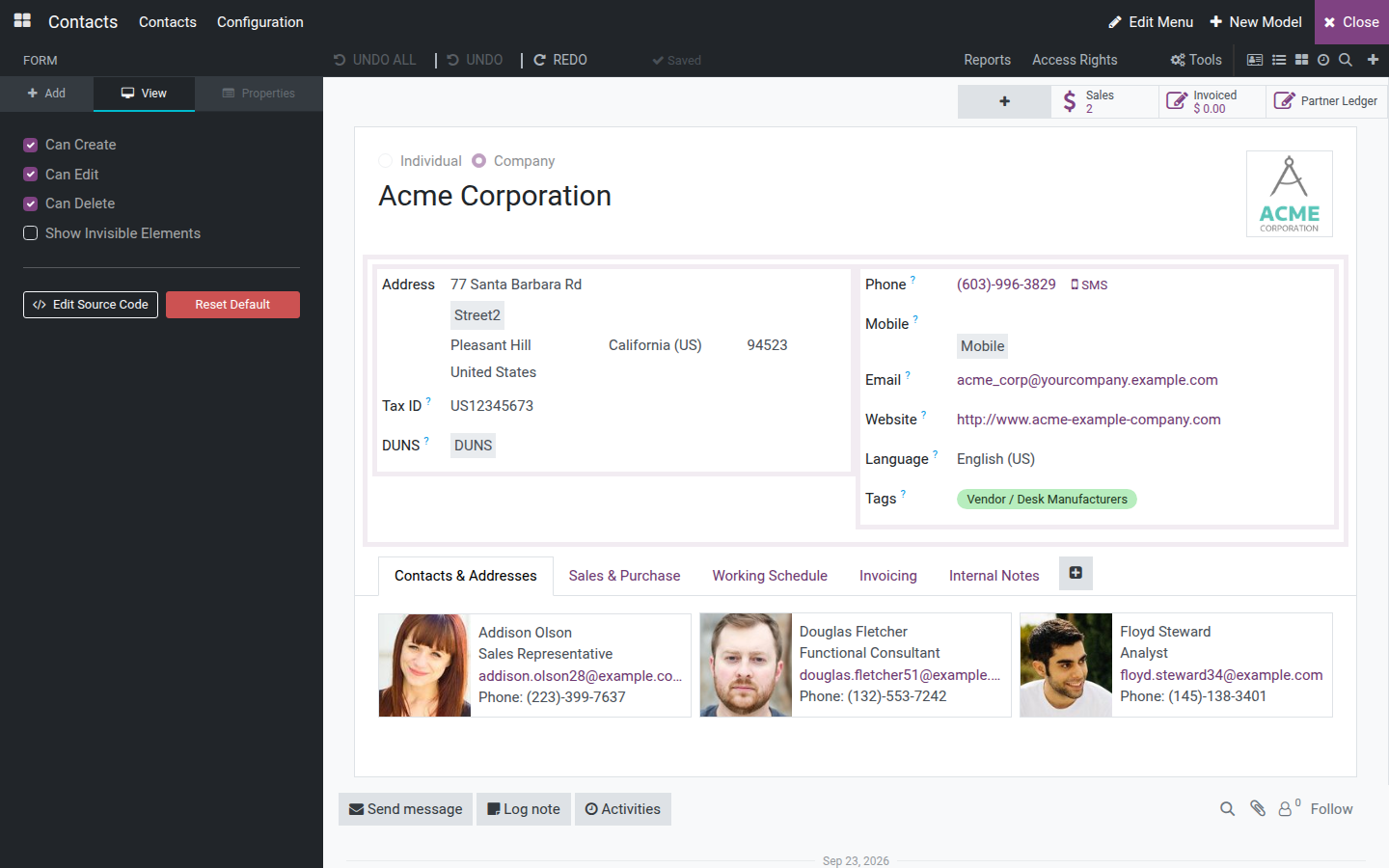 The Form view's View tab with Can Create, Can Edit, Can Delete and Show Invisible Elements