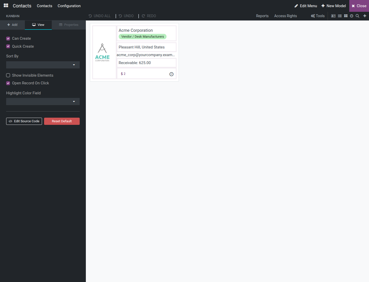 The Kanban view's View tab with Quick Create, Open Record On Click and Highlight Color Field