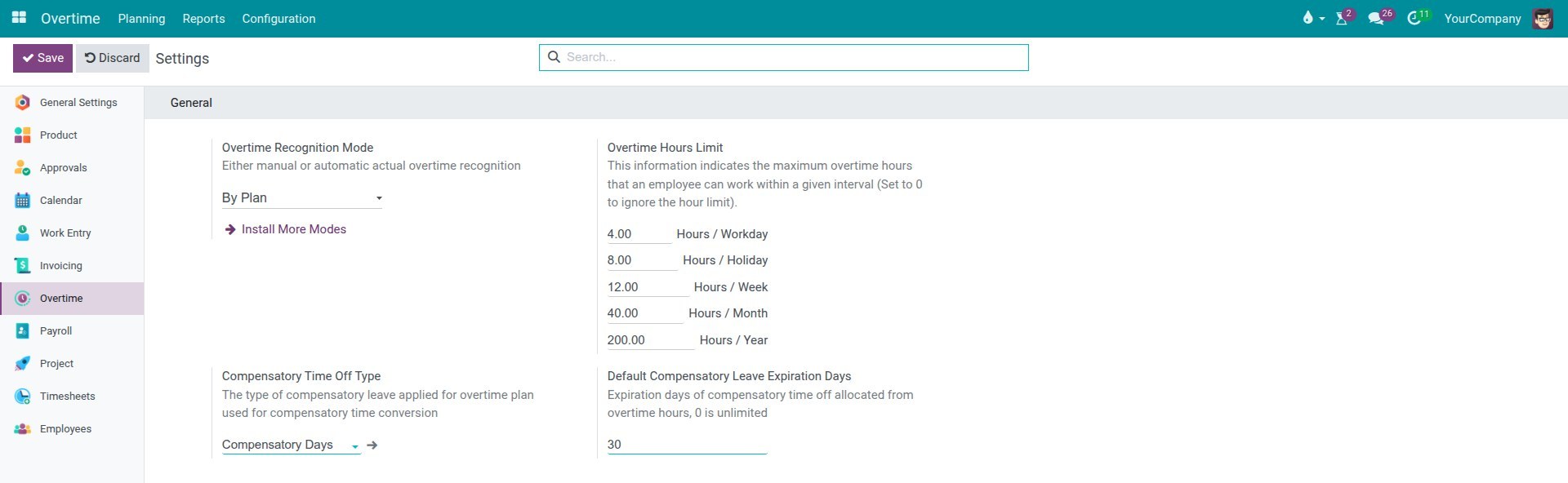 Set the maximum overtime hours allowed for each period