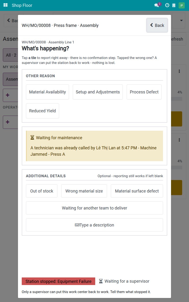Stop machine screen with the status Waiting for maintenance