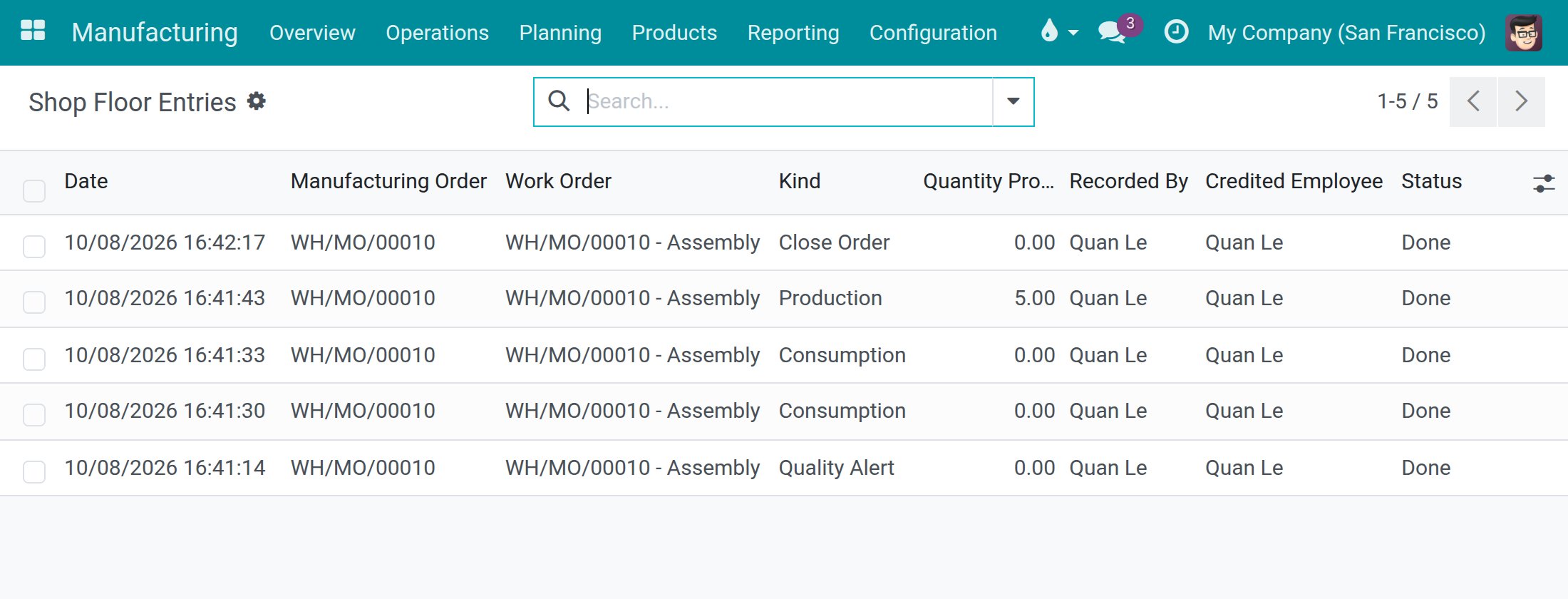 Shop Floor Entries list with a line of kind Quality Alert