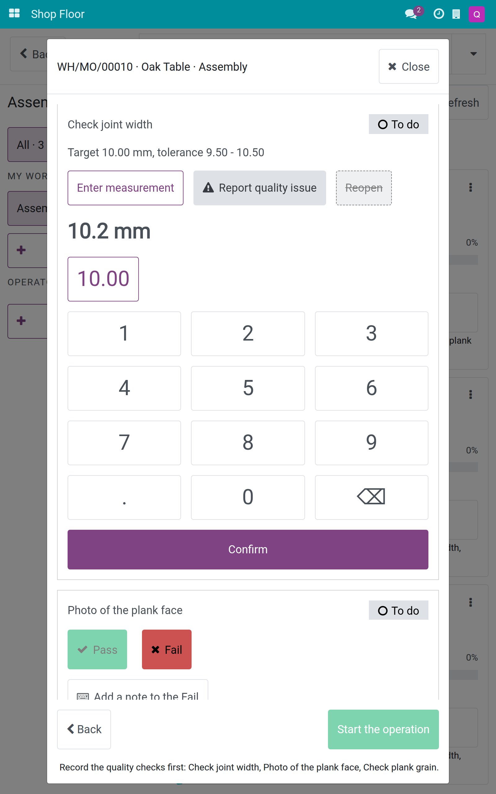 Numpad open on the joint width step with 10.2 mm typed