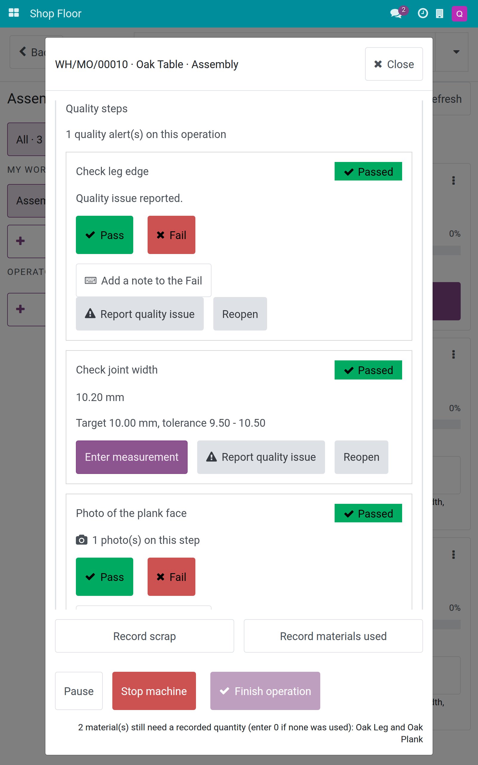 Quality steps showing Quality issue reported and one quality alert on this operation
