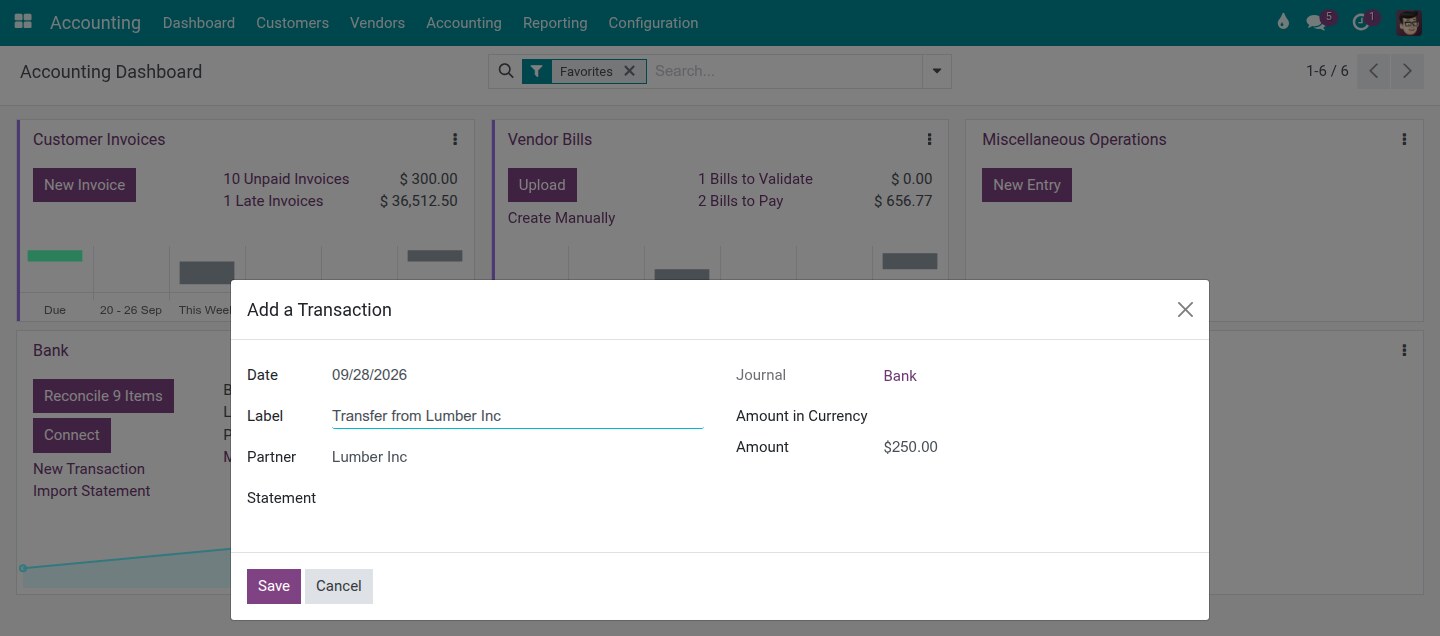 Recording a bank transaction by hand with New Transaction