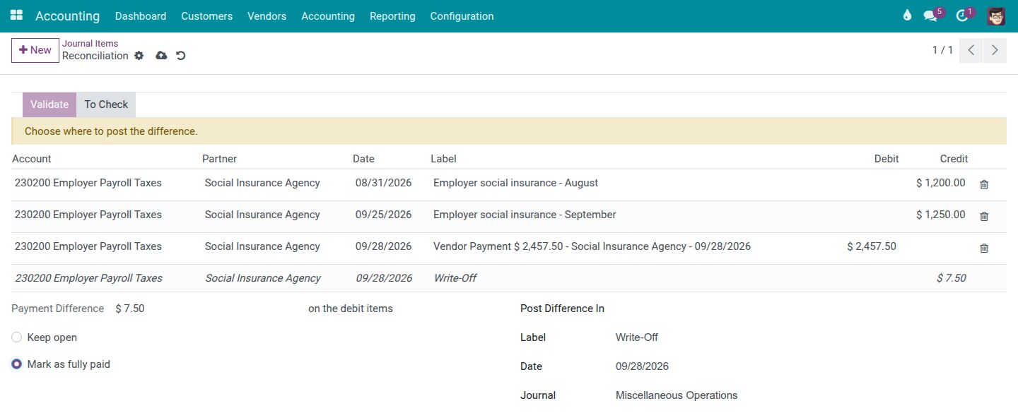 Mark as fully paid chosen, Validate disabled until the difference account is chosen