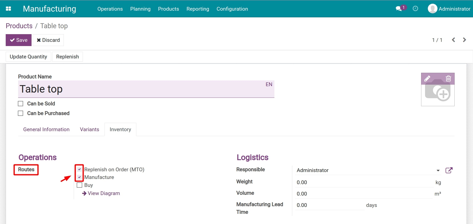 Activate routes for semi-finished products in Viindoo MRP software