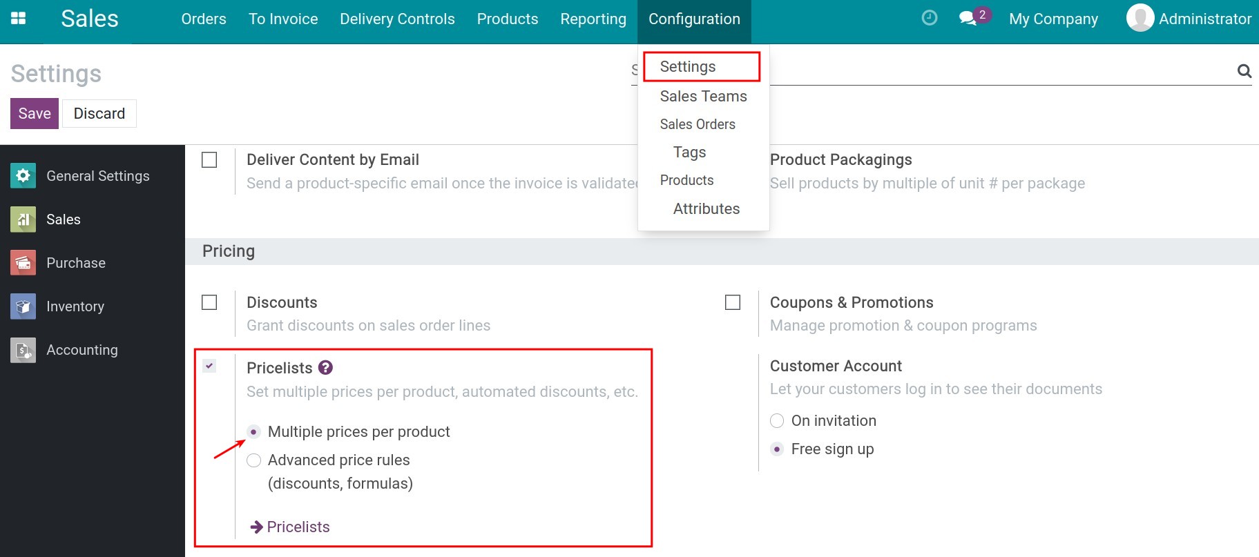 Activate the pricelist feature