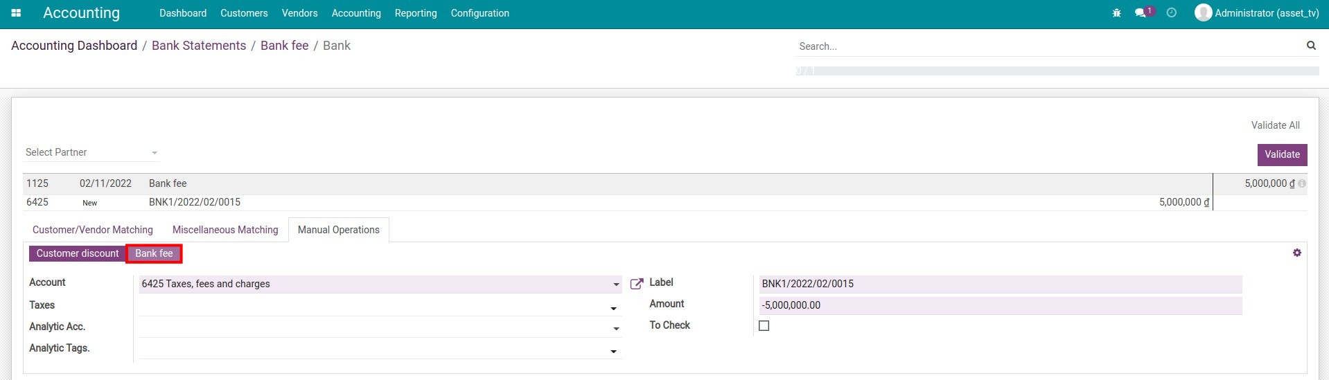 Available buttons on the reconciliation model in Viindoo