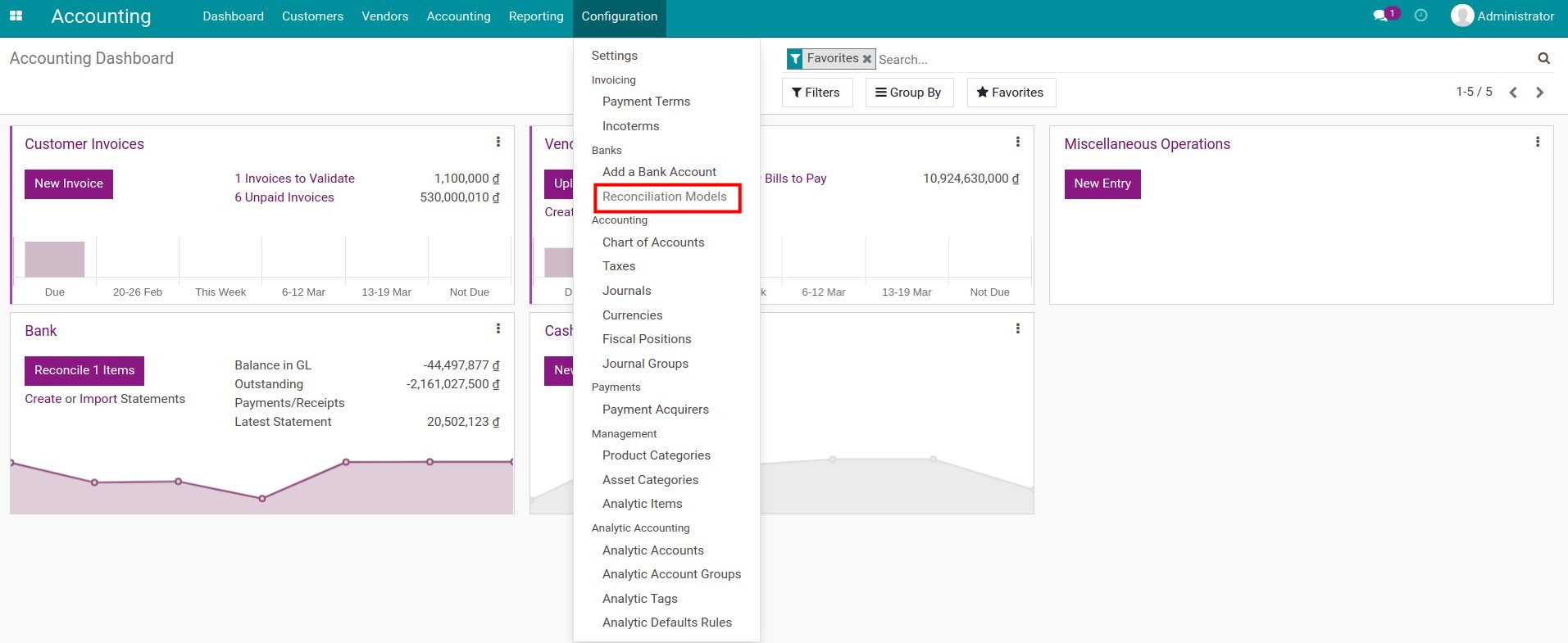 Navigate to reconciliation models from the configuration section in Viindoo accounting app