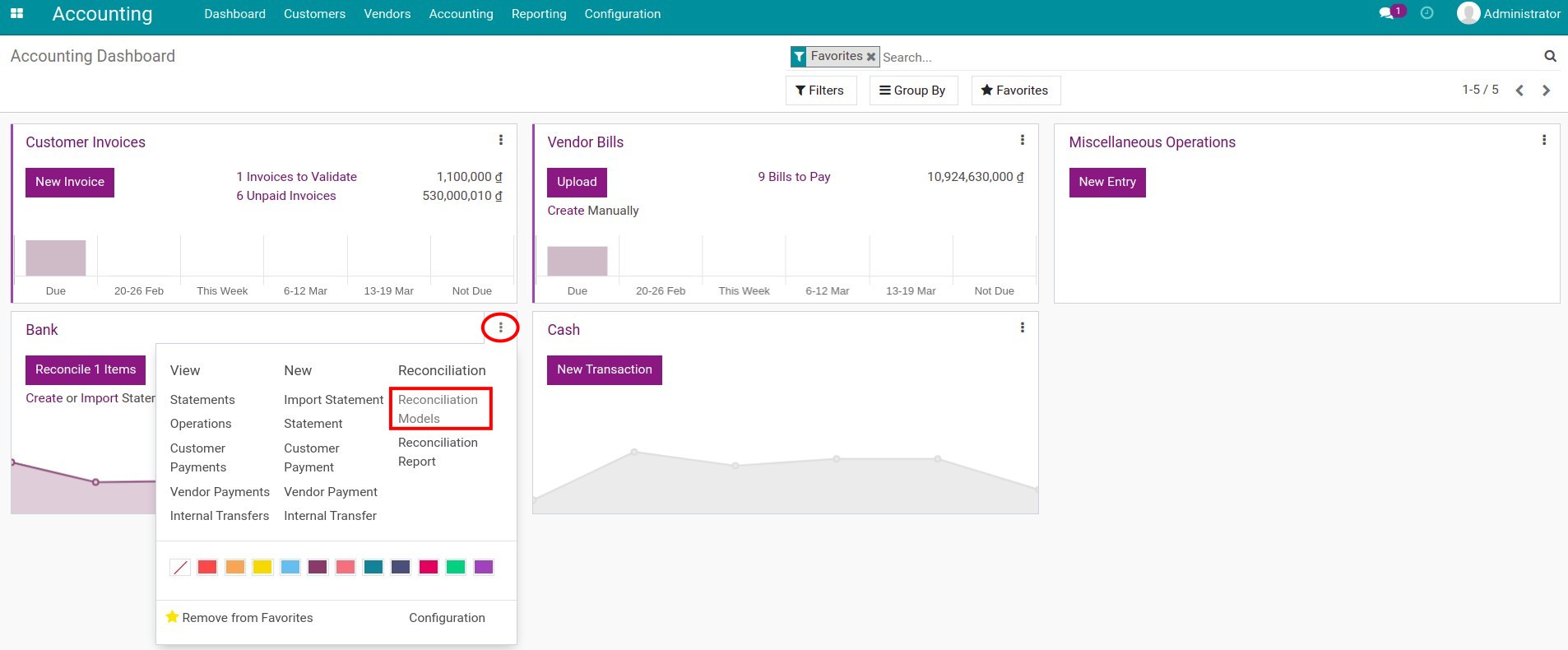 Navigate to reconciliation models from a bank journal in Viindoo Accounting software