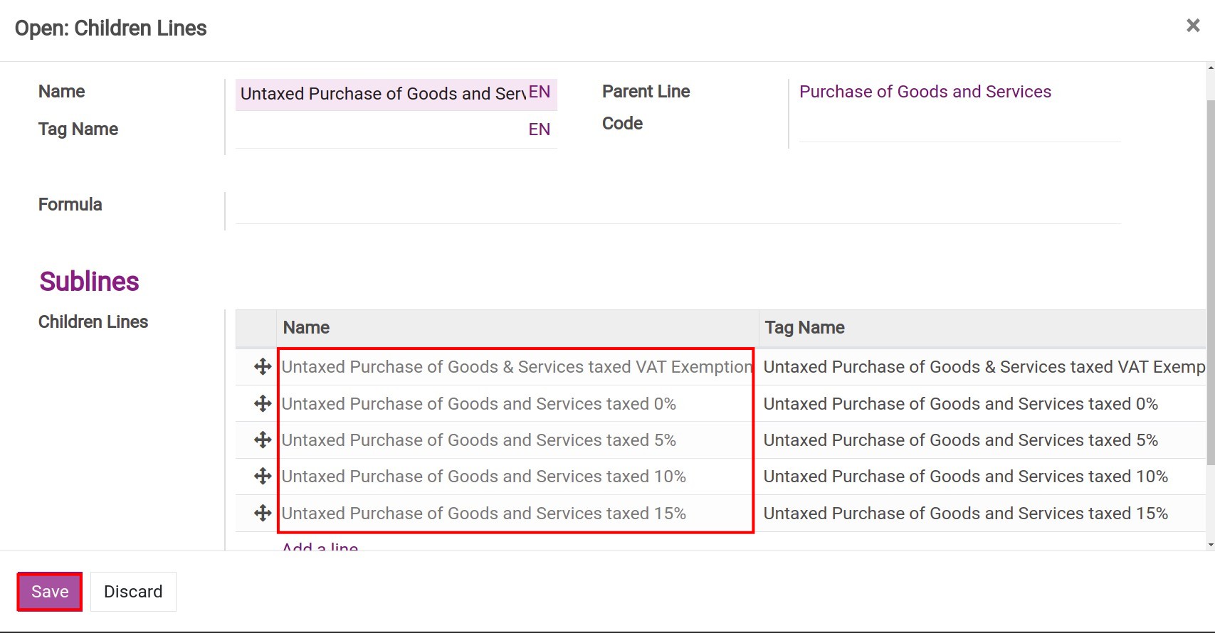 Create a value line of goods on the tax grids