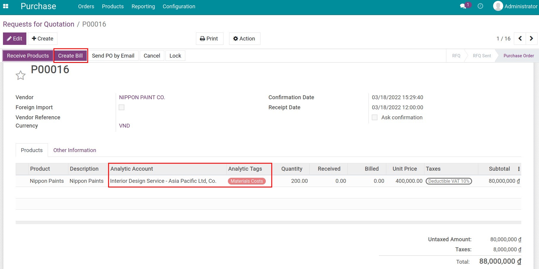 Add analytic tags to a purchase order - Viindoo Accounting app