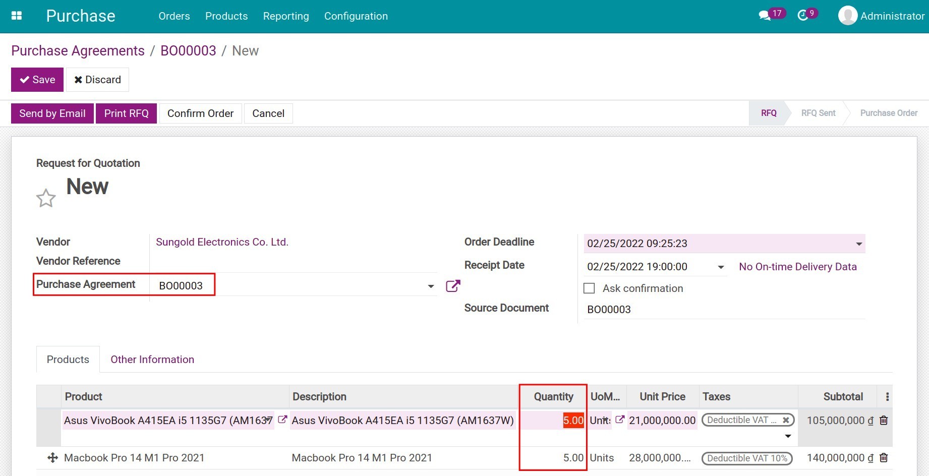 Fulfill the RFQ information associated with the blanket order