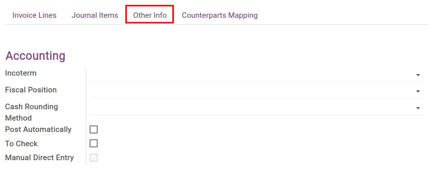 Other Info tab on Vendor bill - Viindoo accounting software