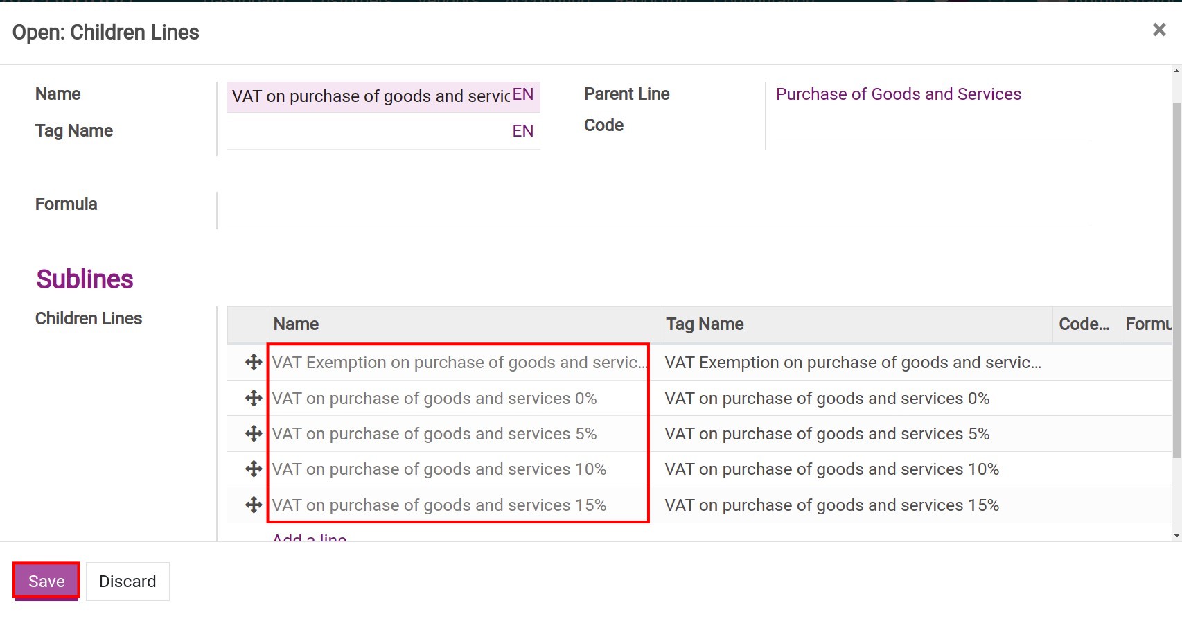 Create a tax children line on the tax grids