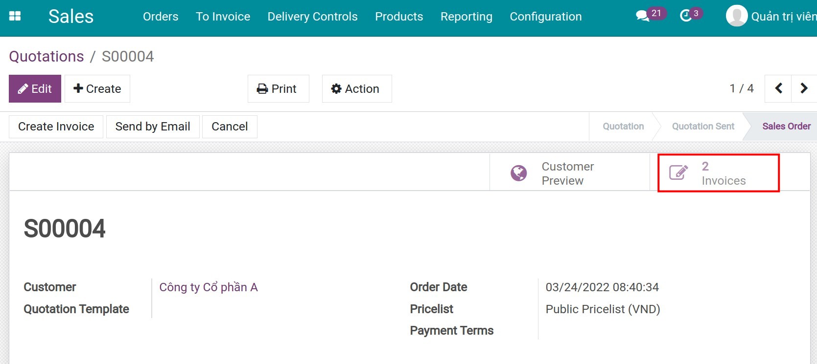Check the number of invoices created for the order.