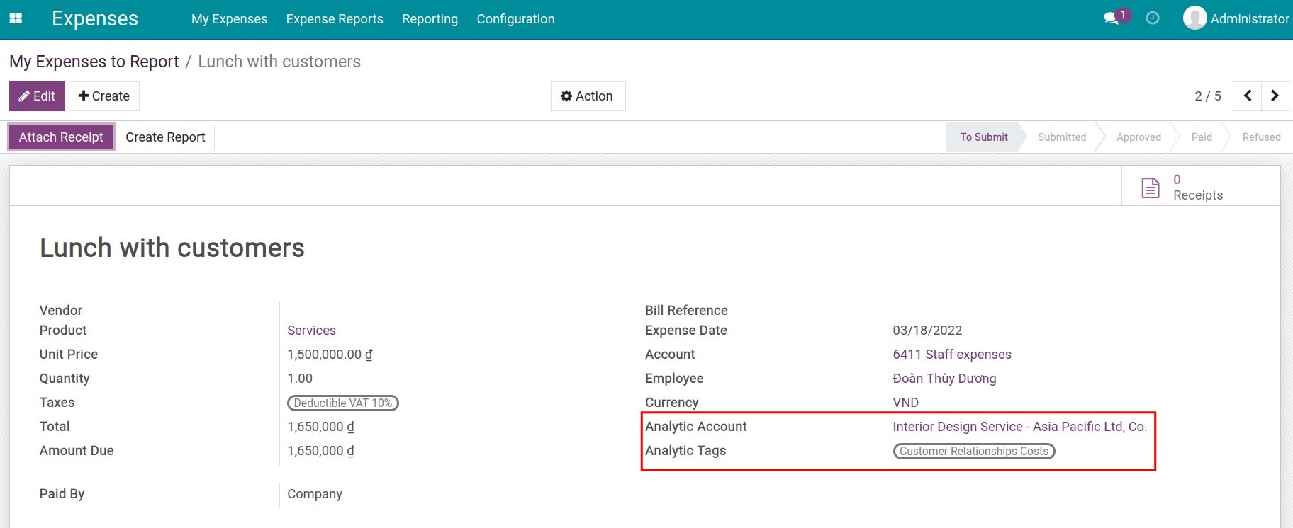 Track costs from project expenses - Viindoo Accounting app