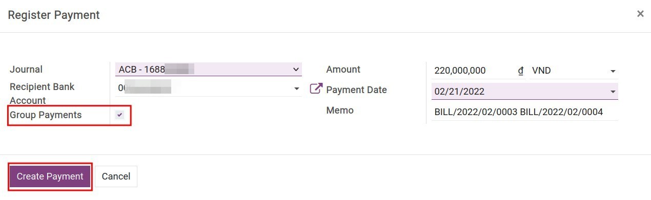 Activate the Group payments feature in the Viindoo Accounting app