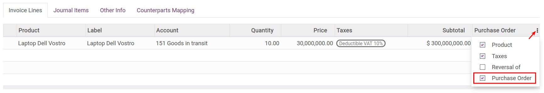 Information of the Purchase order linked with the bill.
