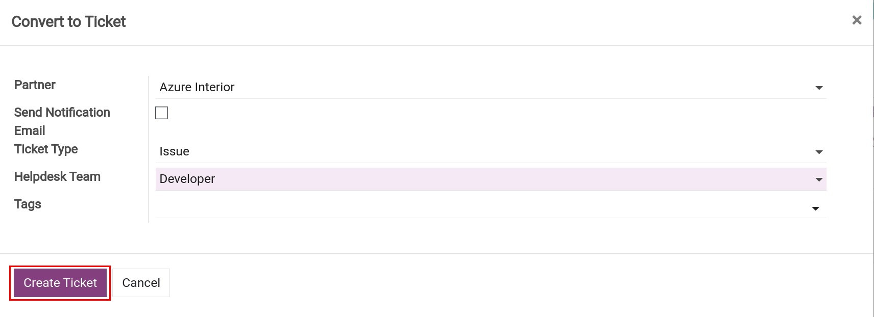 Select the criteria for ticket creation