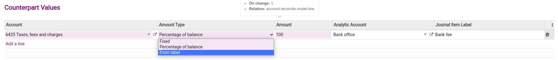 Different amount types for the counterpart values on reconciliation models.