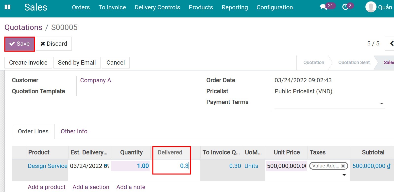 Enter delivered quantity
