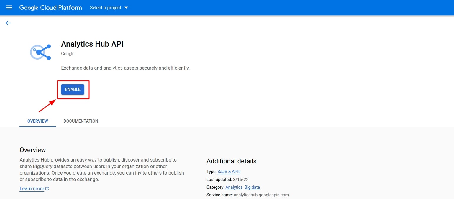 Enable Analytics Hub API in Google APIs platform