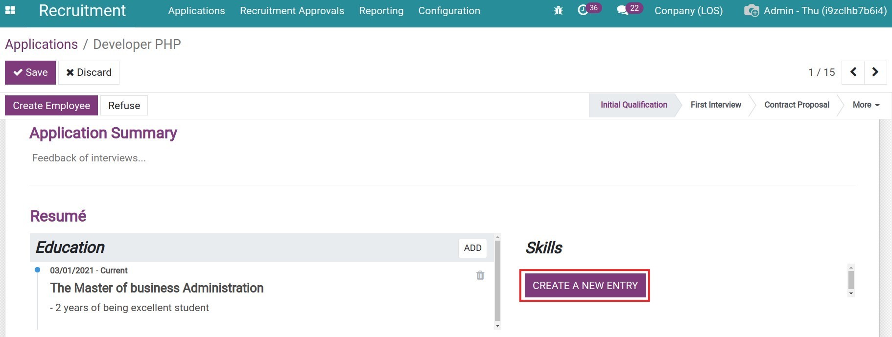 Create a new entry for skills