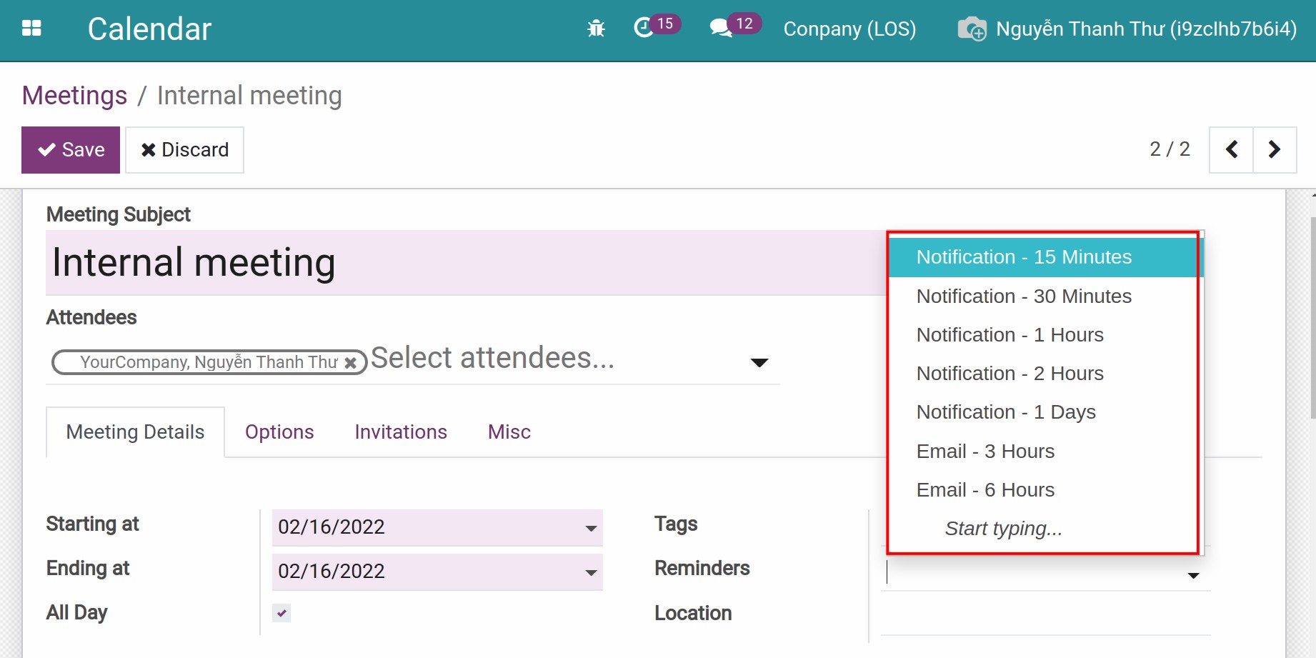 Reminding the meeting by Viindoo notification or email
