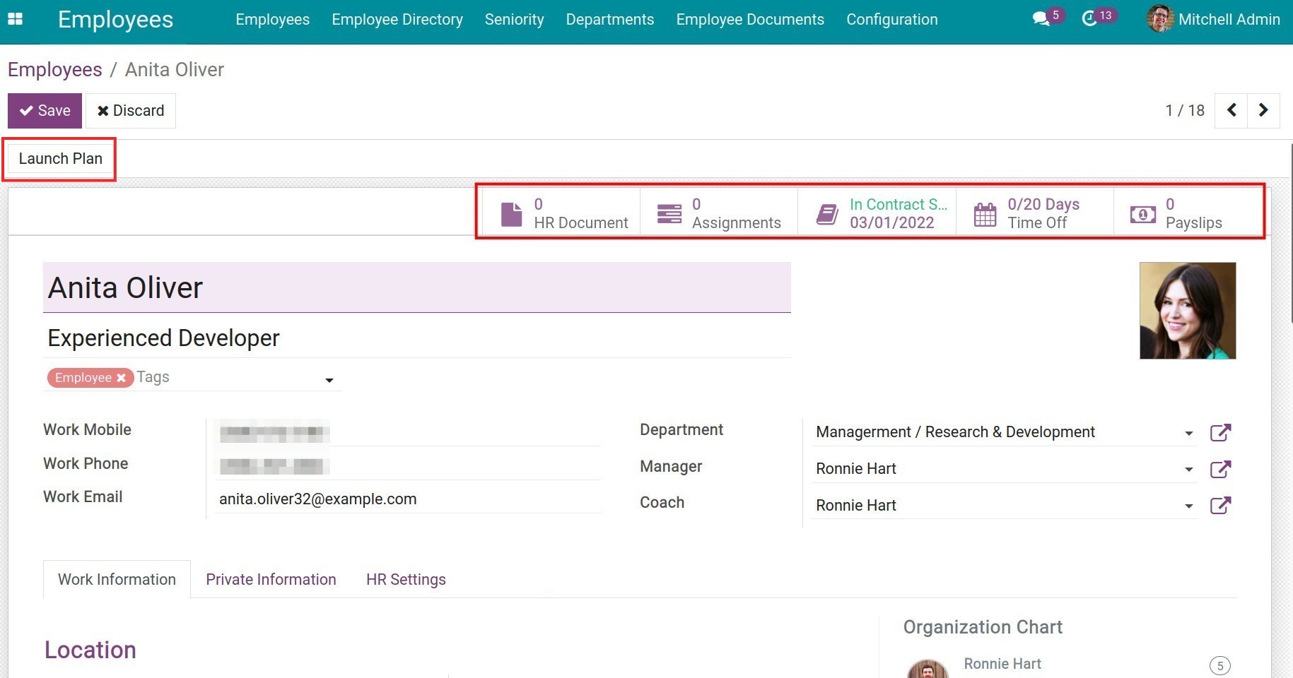 Viindoo smart buttons on the employee view