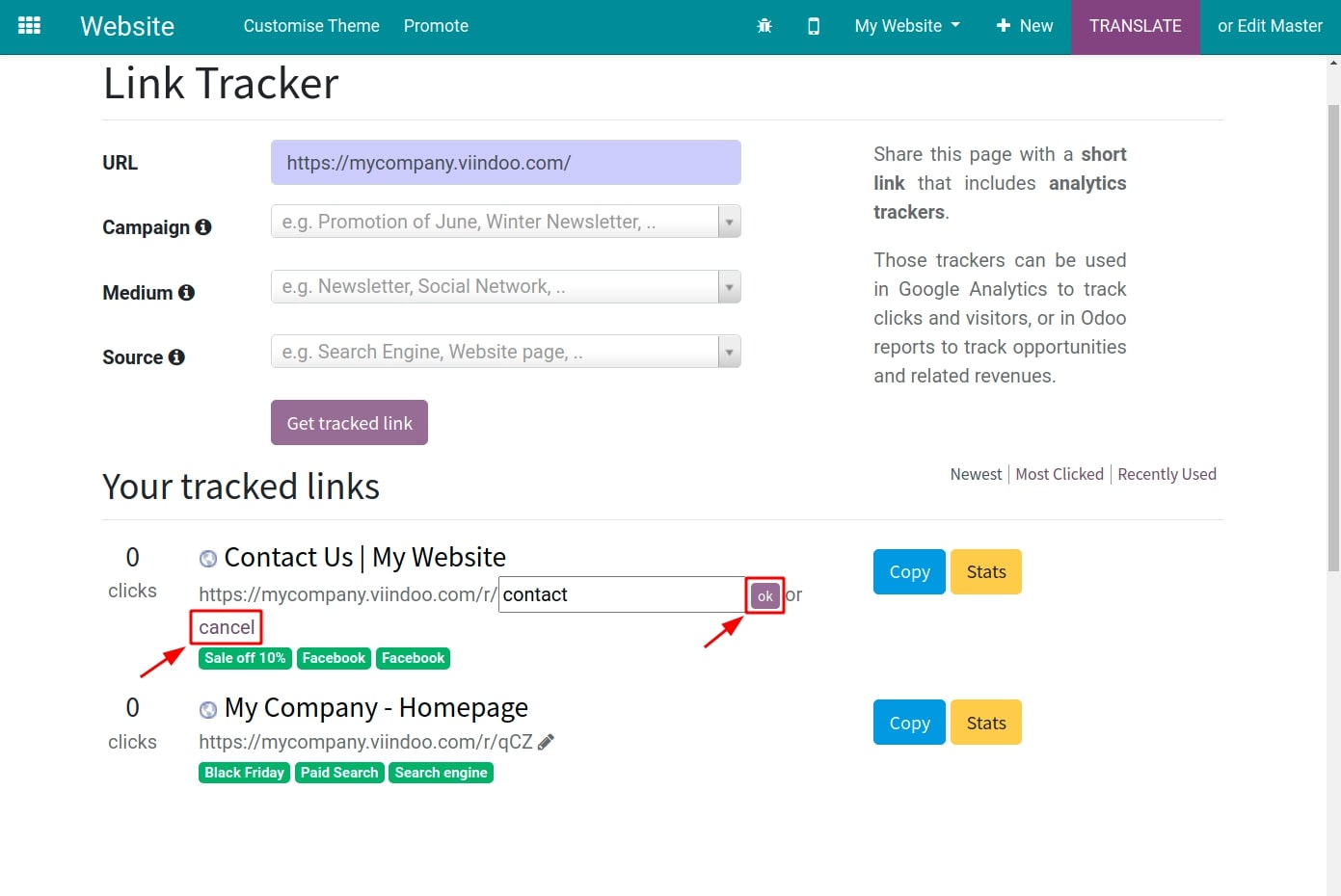 Confirm the link tracker edit