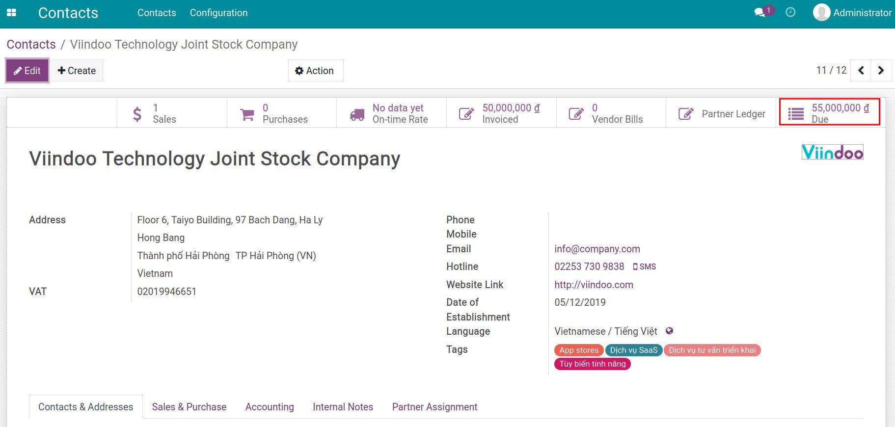 Follow due debt and payment Viindoo accounting app