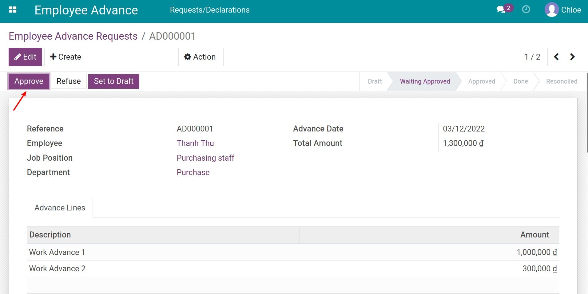 Approve the advance request