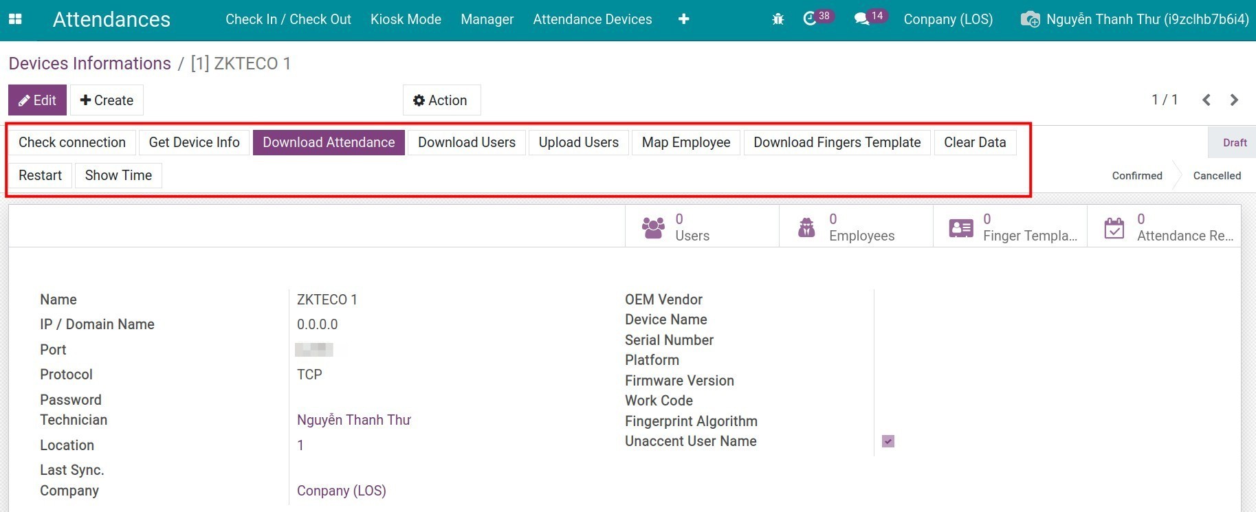 Buttons on the devices informations view