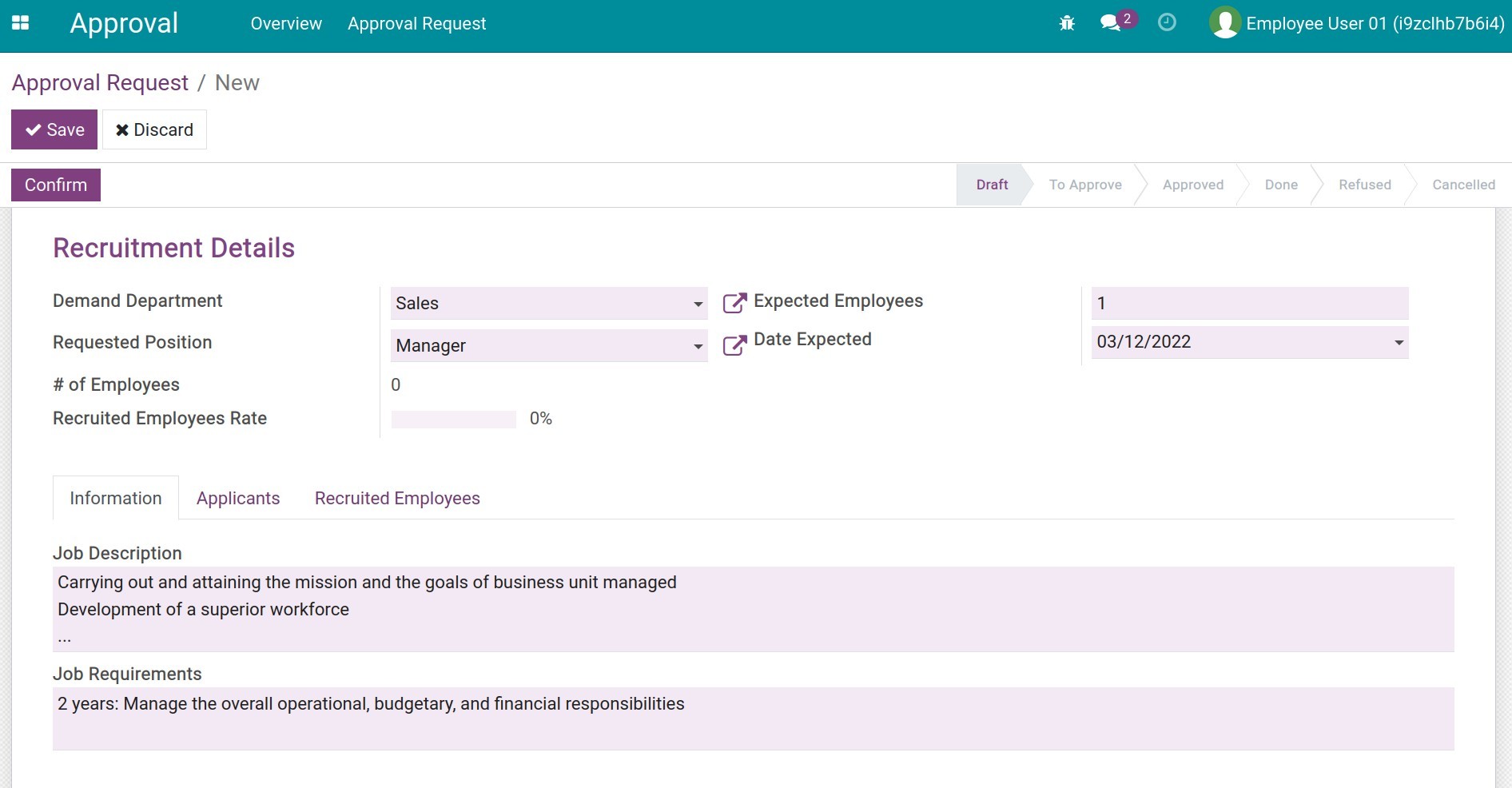 Recruitment request in Viindoo