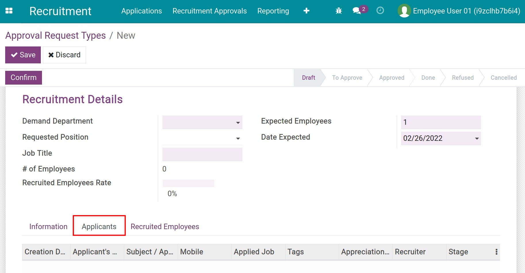 Applicant tab