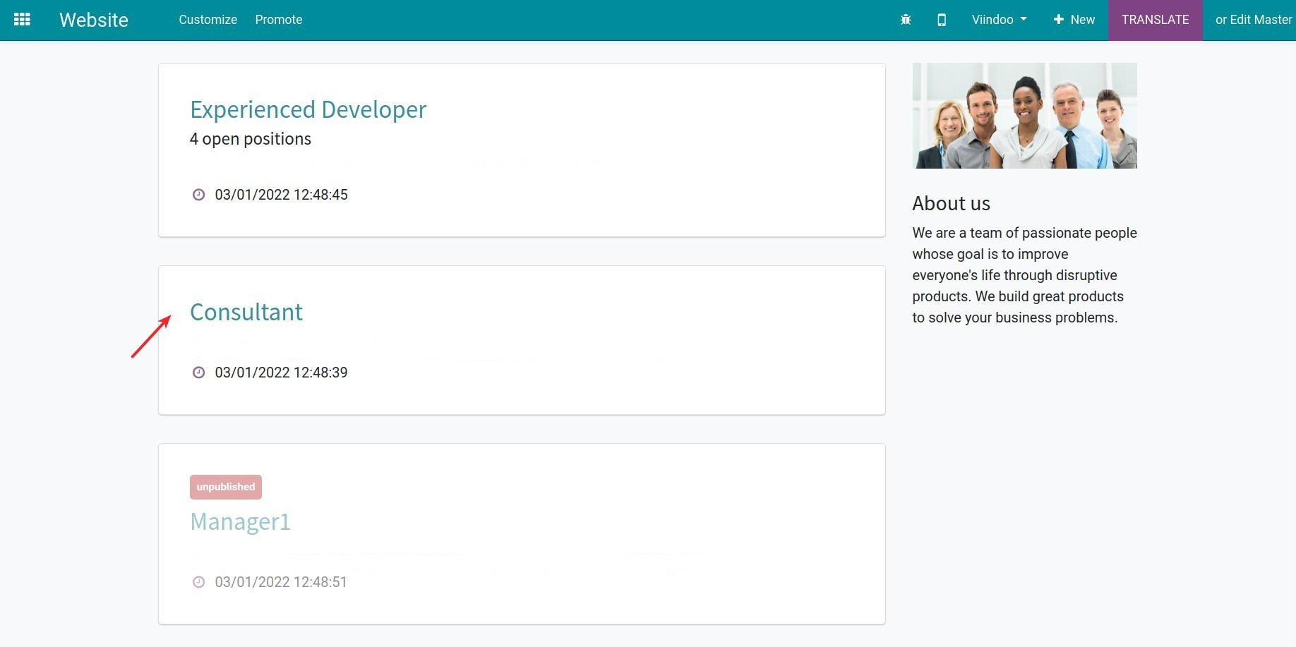 Published job positions on website