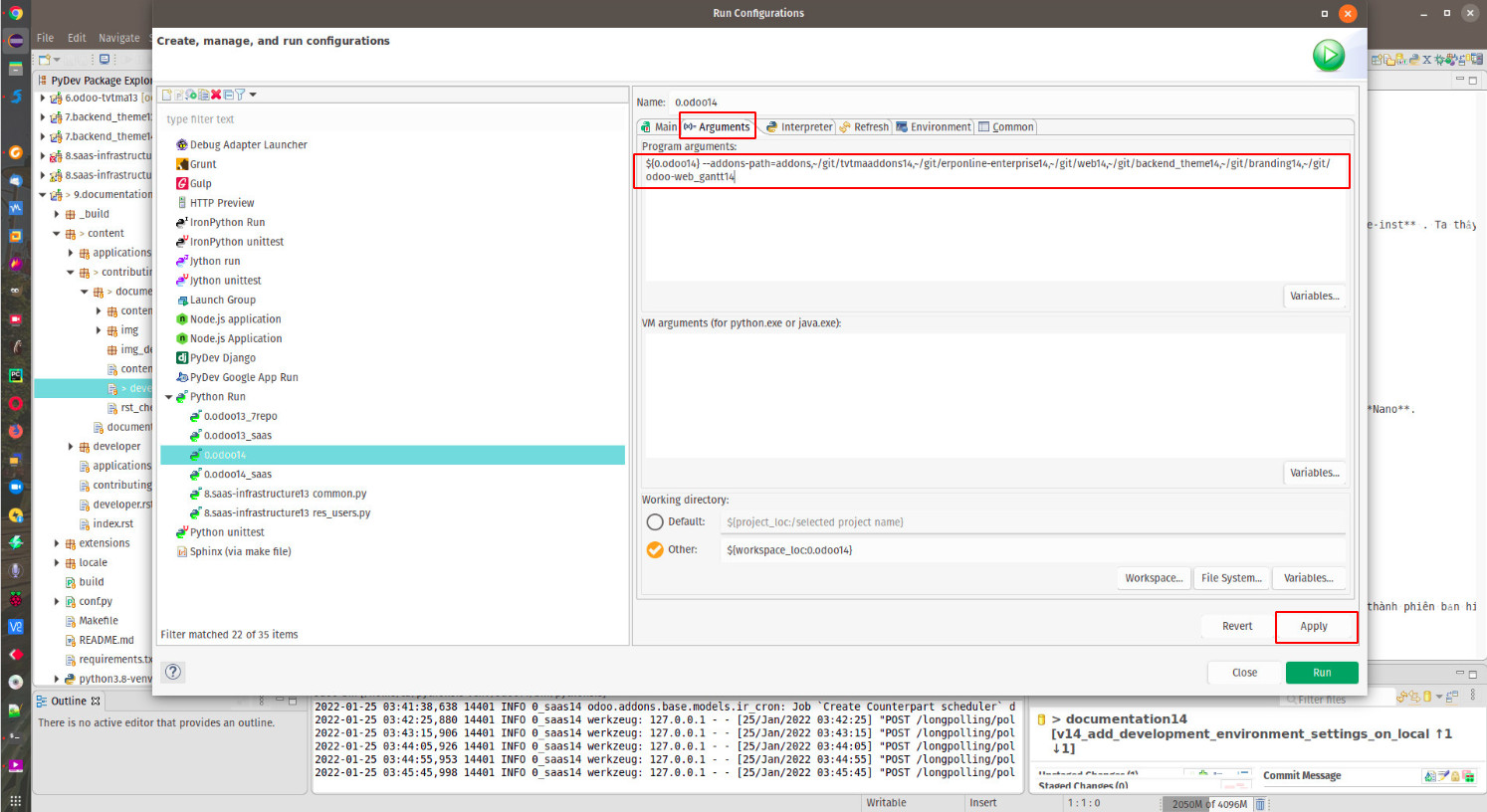 Cấu hình các mã nguồn chạy cùng Odoo