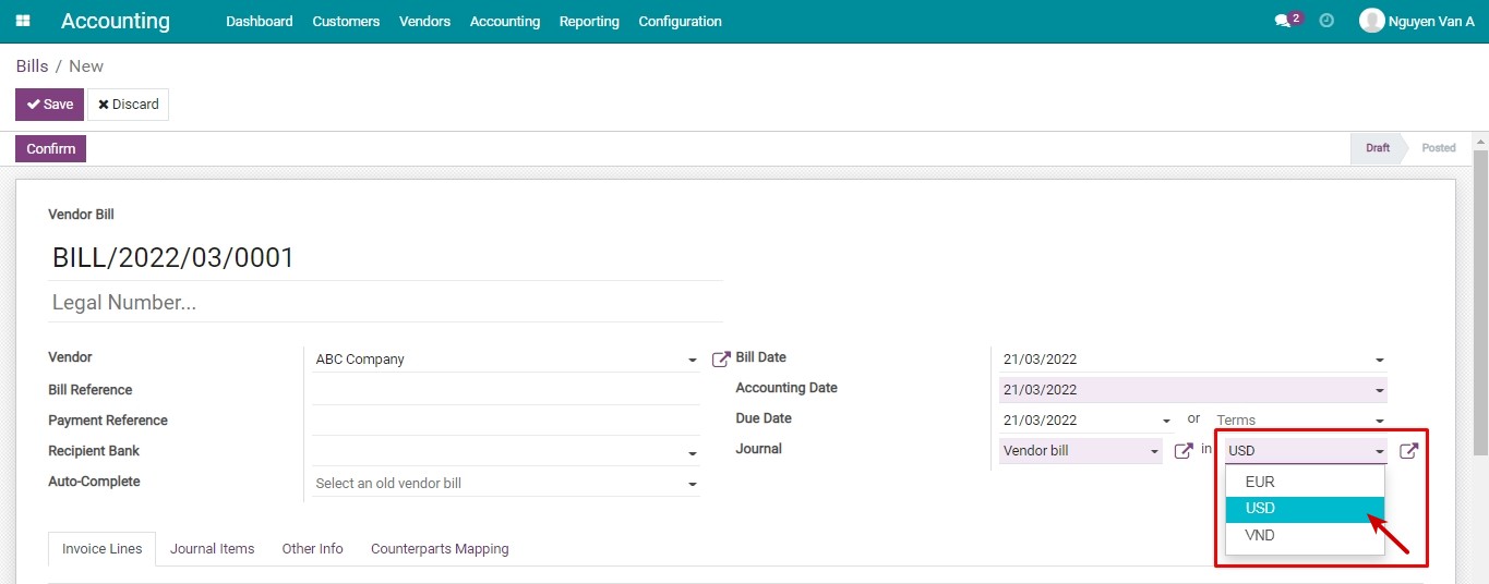 Choose the foreign currency at invoice form Viindoo