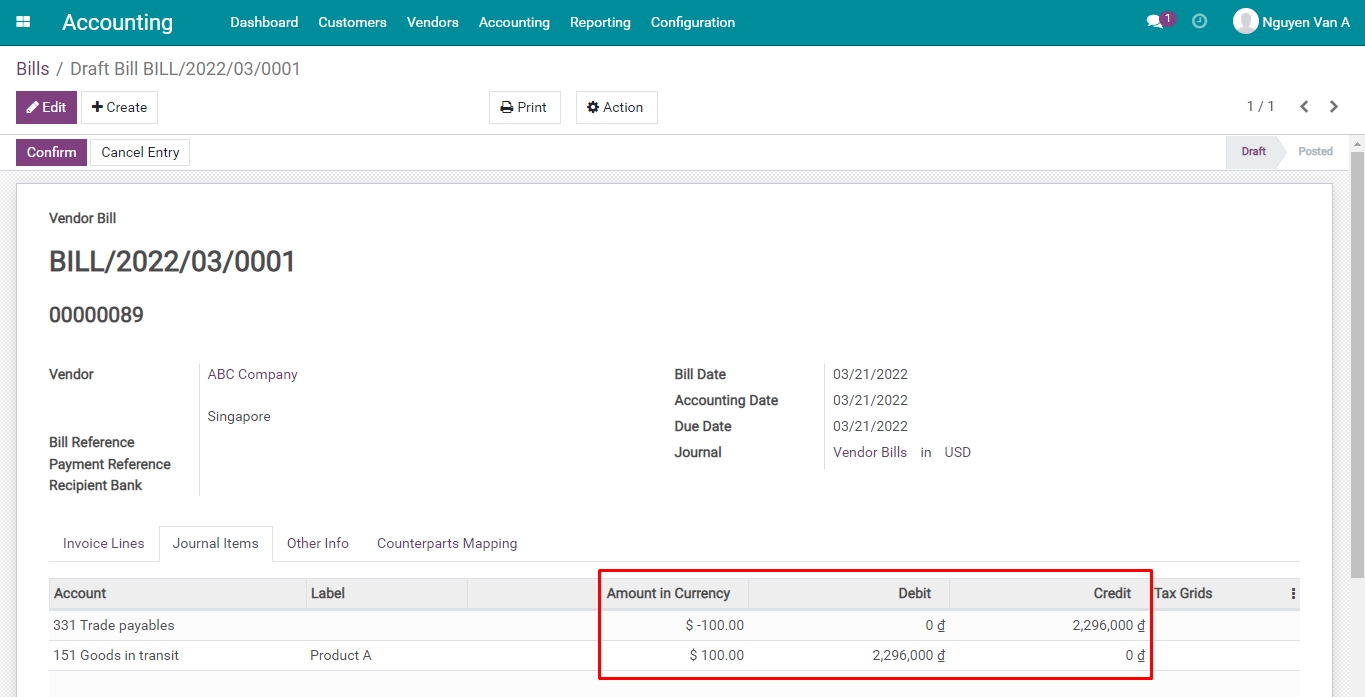 Exchange rate in vendor bills Viindoo