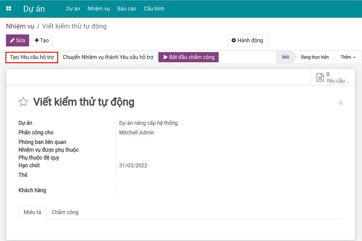 Chọn Tạo Yêu cầu hỗ trợ