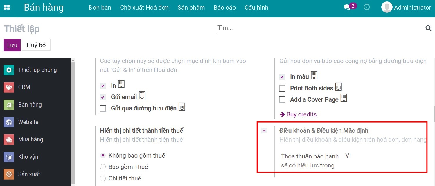 Kích hoạt điều kiện và điều khoản mặc định trên Viindoo